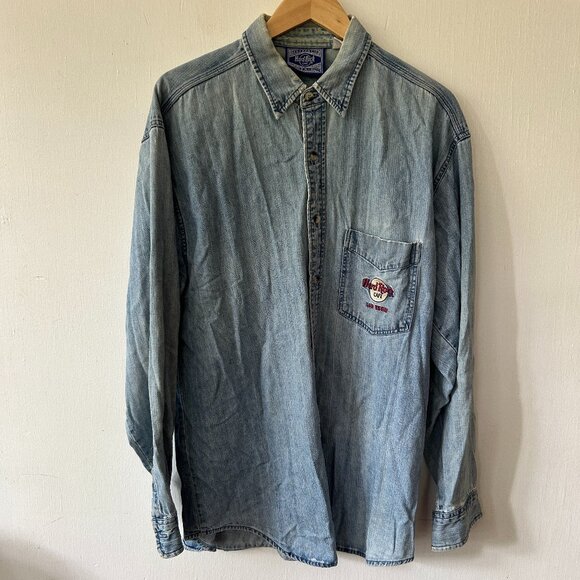 Hard Rock Cafe Denim Shirt Mens Large Blue Button Front Collared Embroidered VTG - Picture 1 of 6